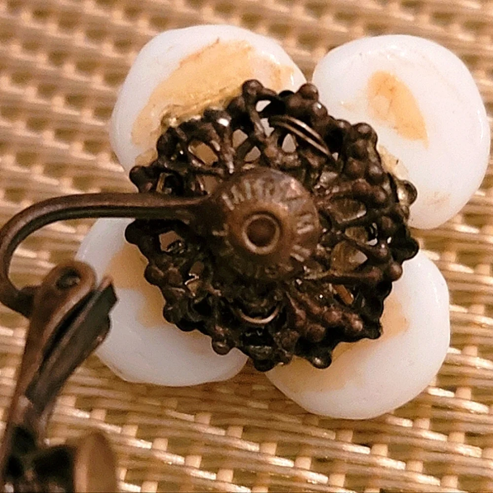 Vtg Haskell Milk Glass Flower Earrings Signed - Picture 3 of 3